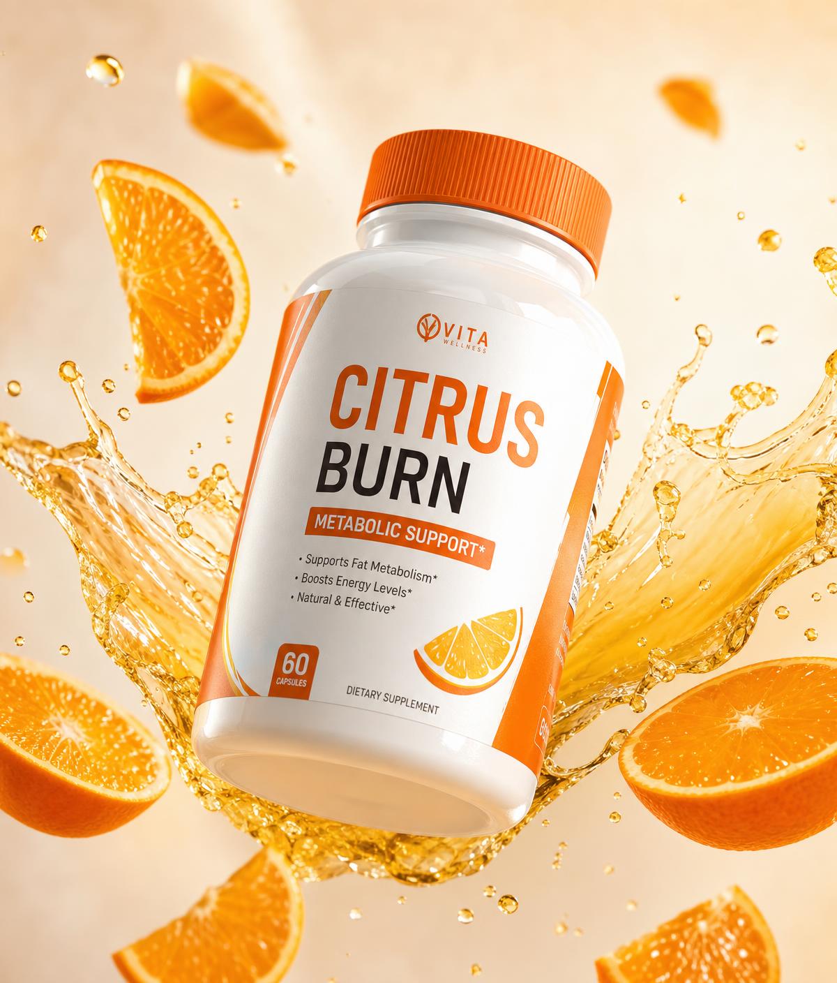 CitrusBurn supplement bottle surrounded by fresh orange slices